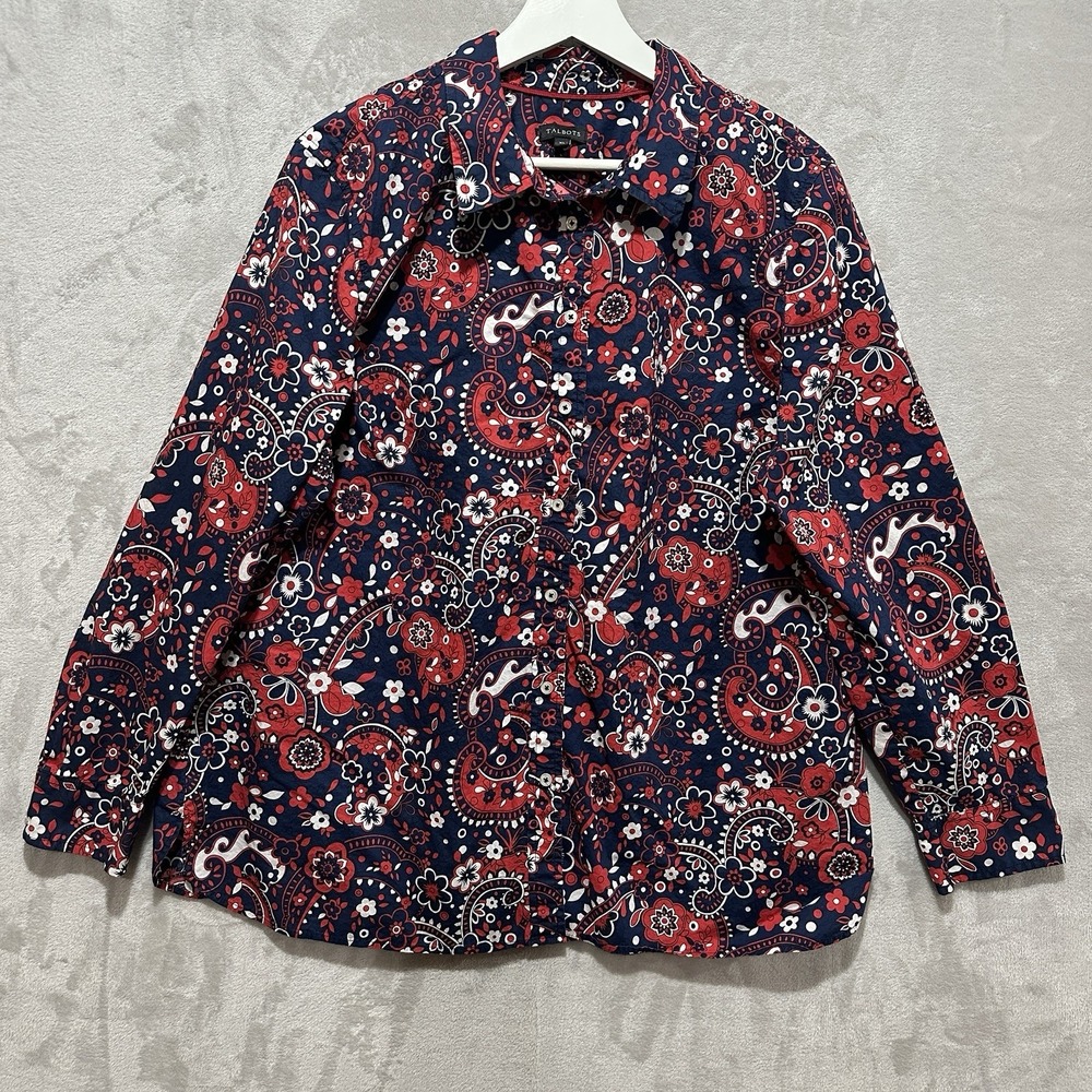 Talbots Floral Paisley Print Women's XL Button Down Shirt Long Sleeve Curved Hem
